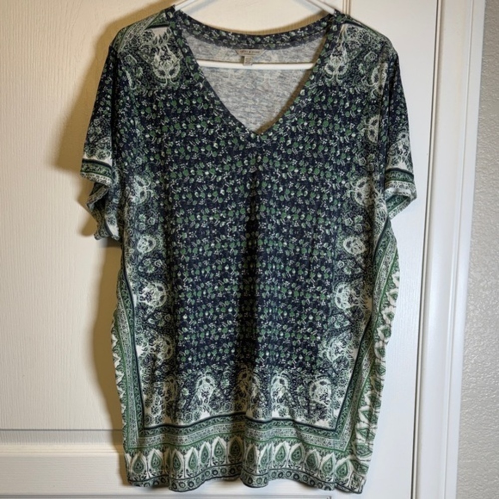 Lucky Brand Blue Green V-Neck Shirt Blouse Shirt Size 1X EUC #2228